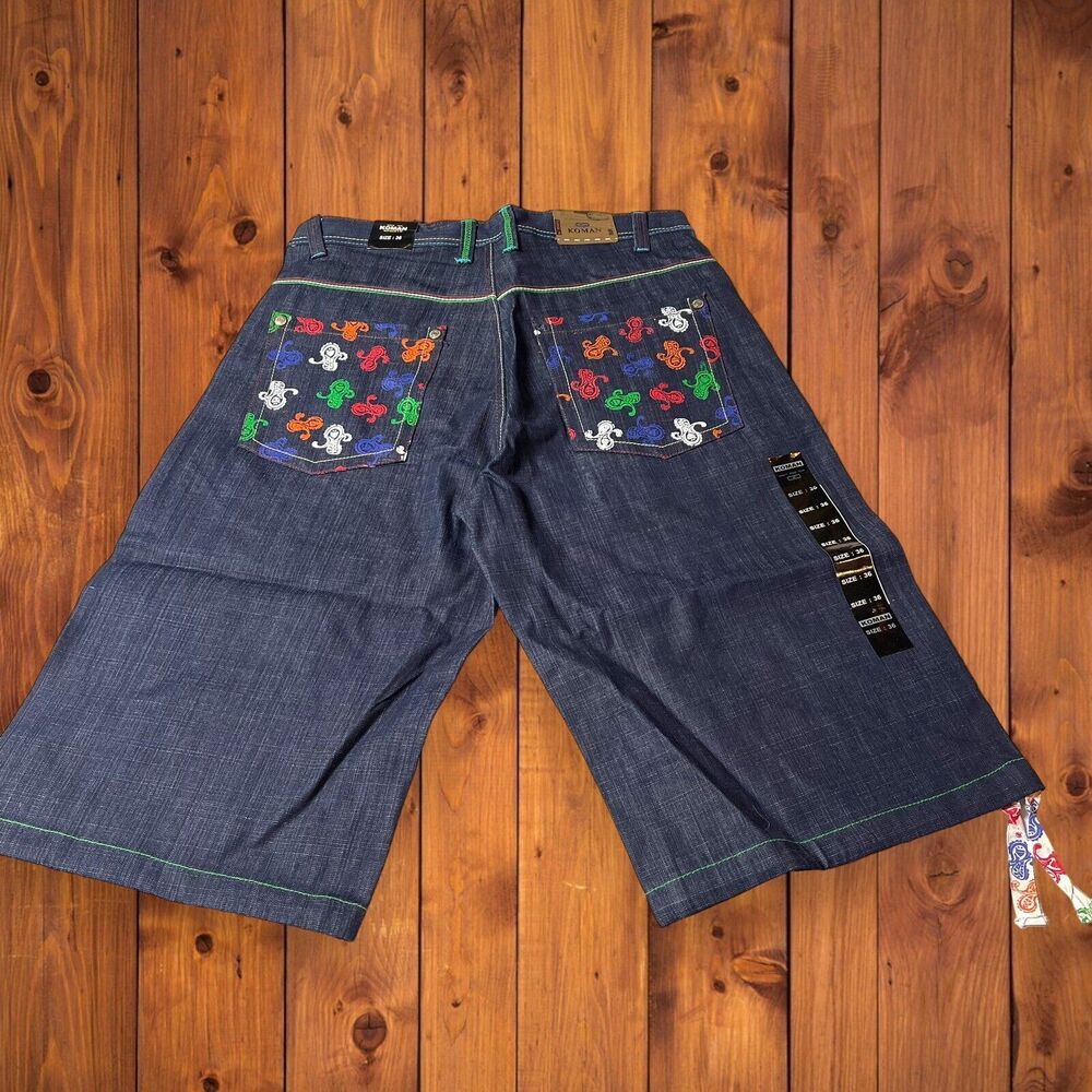 Vtg NWT Sz 36 Koman Denim Blue Jeans Shorts Embellished Pockets Y2K Hip Hop